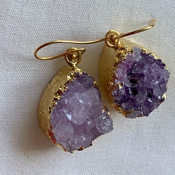 Purple Geode Druzy amethyst crystal gold plated earrings - Picture 9 of 12